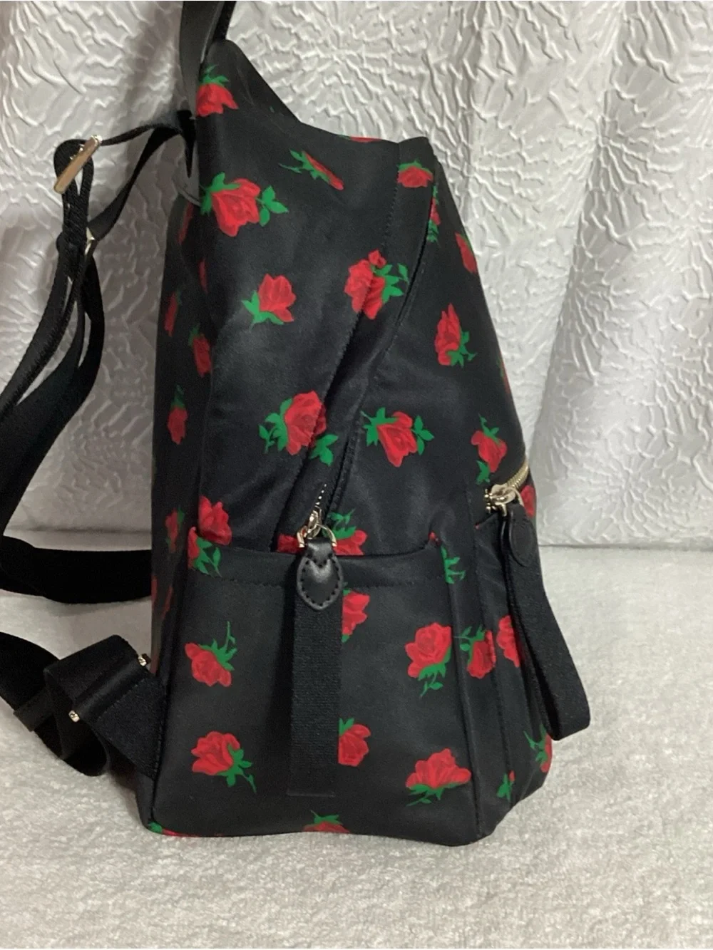 Kate Spade Chelsea Medium Rose Toss Print Black Nylon Leather Backpack Bag